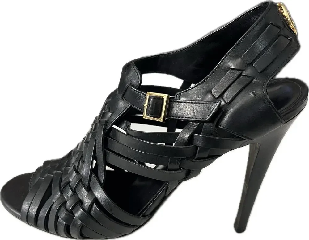 Tory Burch Nadia Black Strappy Woven Leather Heels Size 8.5 M